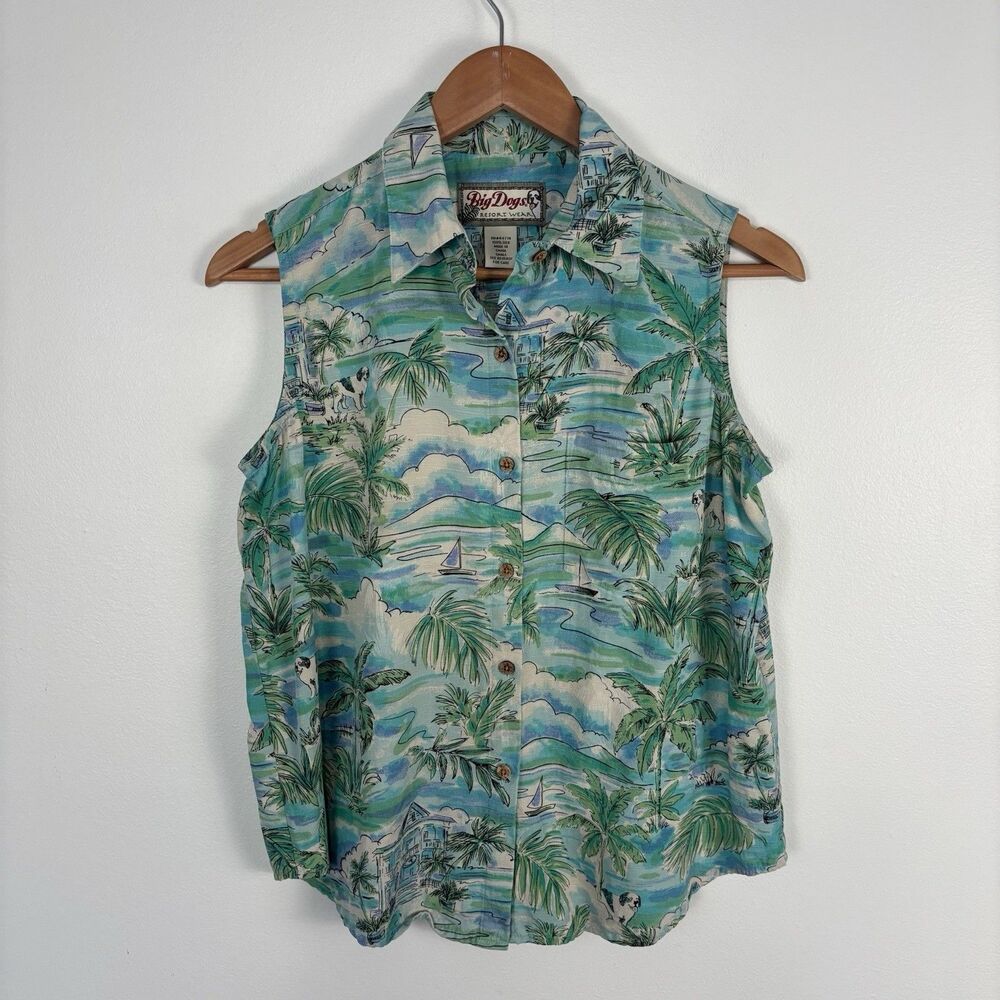 Big Dogs Resortwear Womens S Hawaiian Novelty Dog Print Silk Sleeveless Shirt